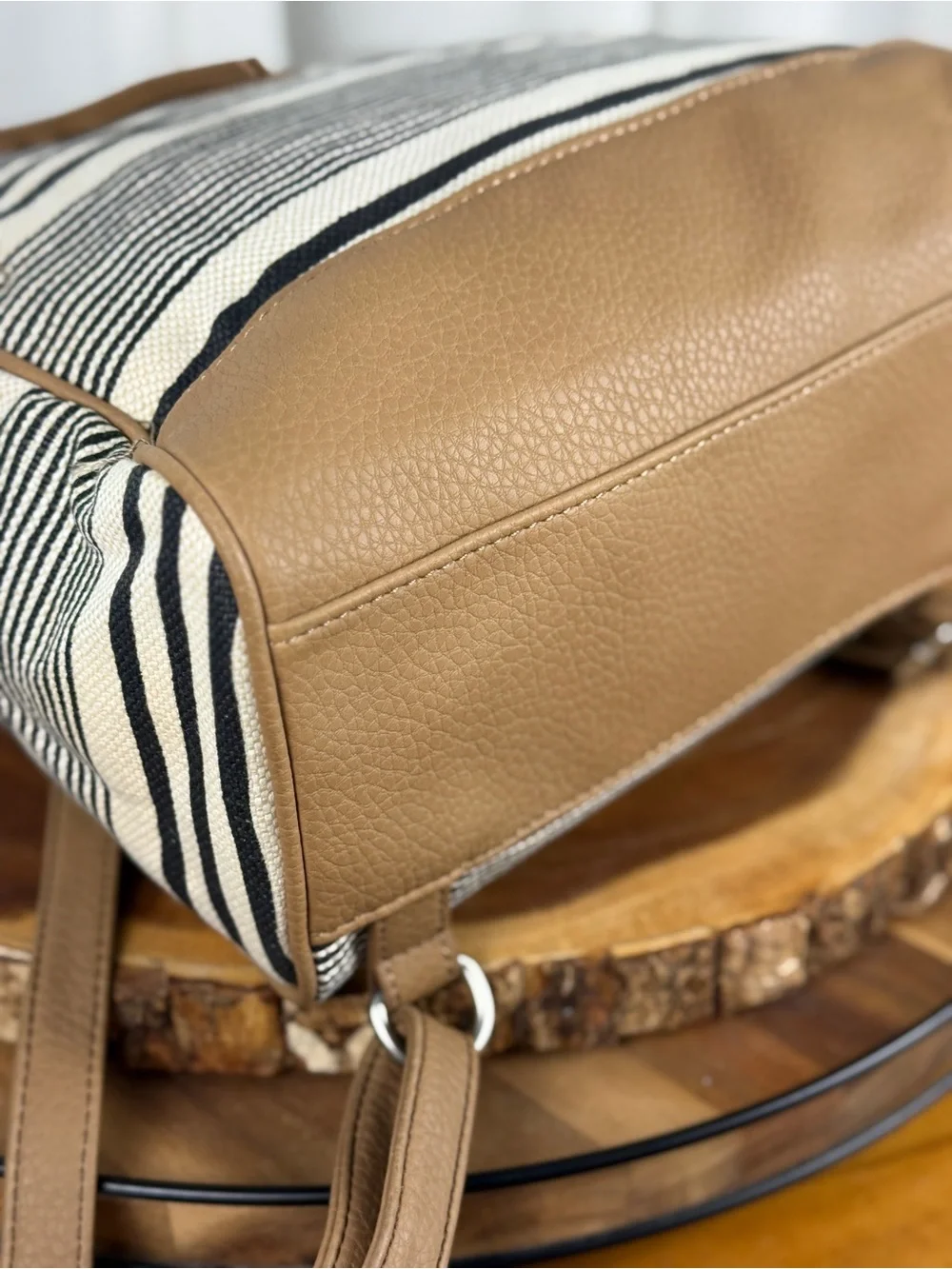 Relic Striped Black & Cream Canvas Backpack Purse with Tan Trim - EUC